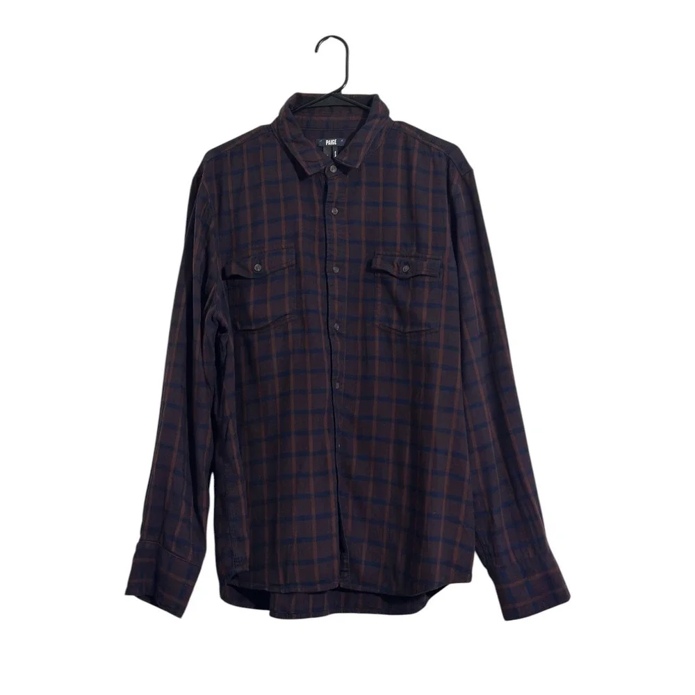 PAIGE Men's Everett Plaid Flannel Button-Up Shirt Cotton Viscose Size XL